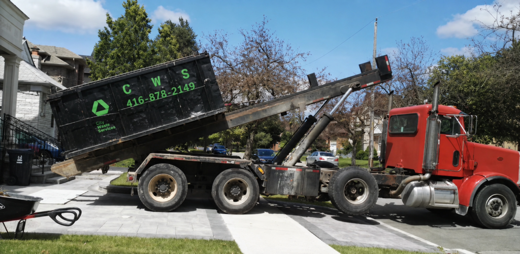 City Waste Services roll-off garbage bin rental delivered to a residential home in Aurora, Ontario.
